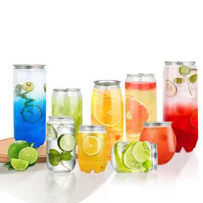 Food Grade PET Transparent Beverage Cans Empty Clear Plastic Soda Iced Coffee Can Custom Silk Print Logo With Peel Off Aluminum Lid